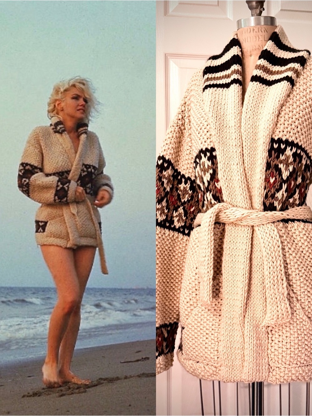 Vintage Cream Knit Shawl Collar Cardigan with Aztec Stripe Pattern Sweater M/L